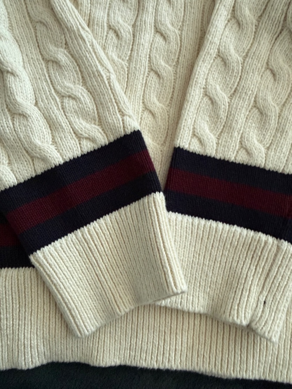 Polo Ralph Lauren Cream Cable-Knit V-Neck Sweater with Navy & Burgundy Trim Boys - Picture 6 of 8